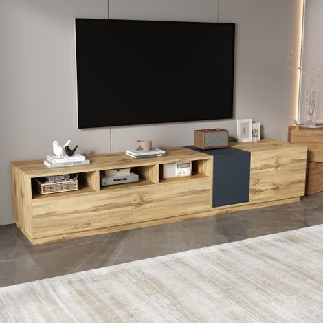 Meuble TV 200 cm avec compartiments ouverts et passe-câbles, couleur naturel, 200x45x45 cm (1/5)