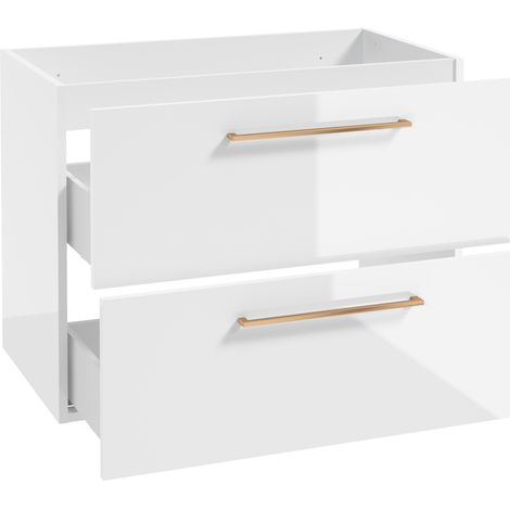 Waschtischunterschrank mit Metallgriffen in kupfer, 80 cm breit mit 2 Schubkästen, in weiß Hochglanz lackiert MESSINA-107, B/H/T: ca. 80/60/45 cm (1/4)