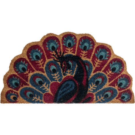 Felpudo moderno para interior y exterior 45 x 75 cm motivo pavo real de fibra de coco dorso de PVC antideslizante multicolor Nulato