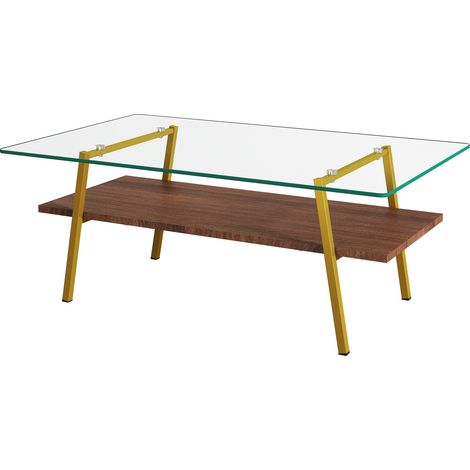 Table basse rectangulaire en verre trempé avec pieds en métal doré et brun 98 x 58 x 42,5 cm (1/5)