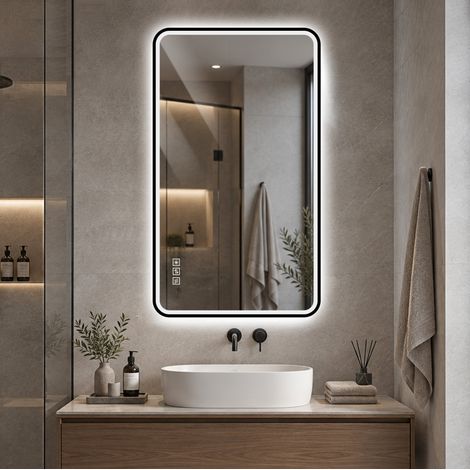 Specchio LED da bagno 100 x 60 cm in alluminio nero, antiappannamento, dimmerabile, FloraGrace (1/5)