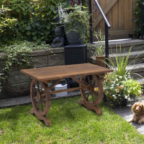 Tavolo da giardino in legno di abete con gambe a forma di ruota, per uso esterno e interno, 110x60x65 cm, finitura carbonizzata.