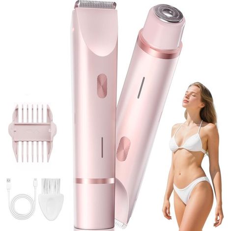 Tondeuse bikini électrique pour femmes, rechargeable par USB-C, pour une épilation douce des peaux sensibles. Convient pour le maillot, les jambes, les aisselles et le visage. Design rose lavable.