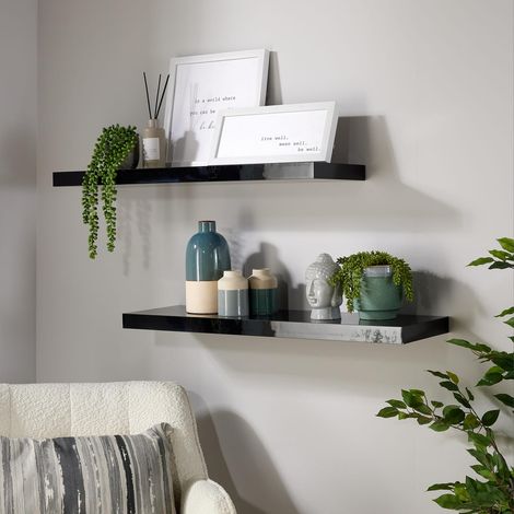 Pair Floating Wall Mounted Storage Shelf Wooden 80cm CD Bookshelves Gloss Black