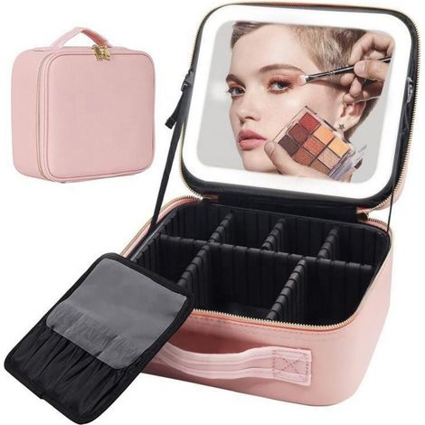 Organisateur de maquillage portable avec lumière LED et miroir + design multi-compartiments - Rose