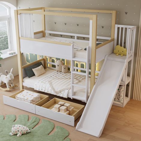 Lit superposé enfant avec toboggan, 2 tiroirs à roulettes, lit haut avec rideau en tissu, pin + MDF + contreplaqué, blanc et bois naturel, 90x200 cm (1/5)