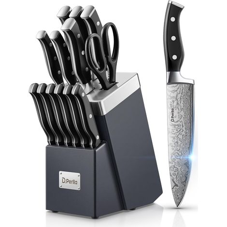 Kitchen Knife, 14 Piece Knife Block with Integrated Sharpener Technology, Stainless Steel Kitchen Knives with Wooden Knife Block, Includes Steak Knives (1/5)