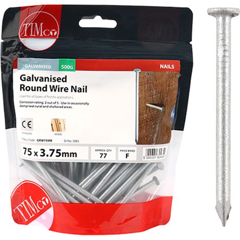Timco Galvanised Round Wire Nails - 75 x 3.75mm (500g Bag) (1/3)