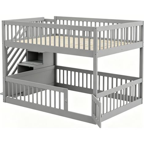 Lit superposé 140 x 200 cm gris avec escalier de rangement et tiroirs HOMVRA (1/5)