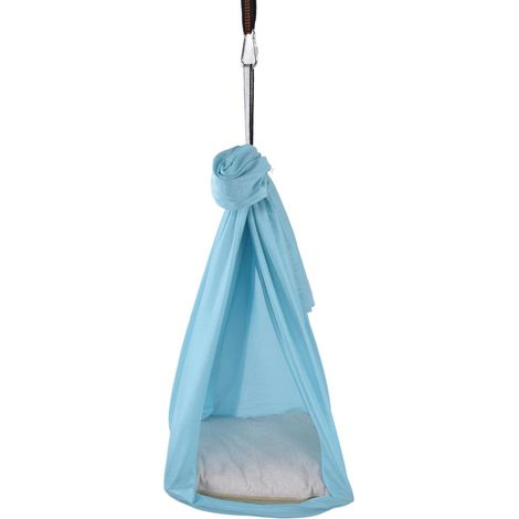 Hamac de yoga aérien élastique et résistant (25 kN) avec anneaux en O et chaînes pour un raffermissement du corps. Bleu clair. (1/5)