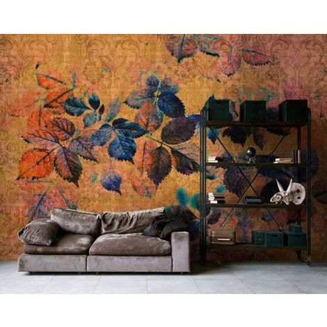 Papier peint panoramique doré et bleu original Tapisserie panoramique feuilles pour salle à manger Papier peint panoramique automne à motifs (1/3)