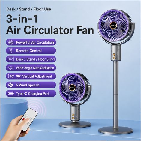 Ventilateur sur Pied Rechargeable à Hauteur Réglable, 5 Vitesses, Port USB Type-C, Utilisation Sol ou Bureau, Design Portable pour Intérieur et Extérieur (1/5)