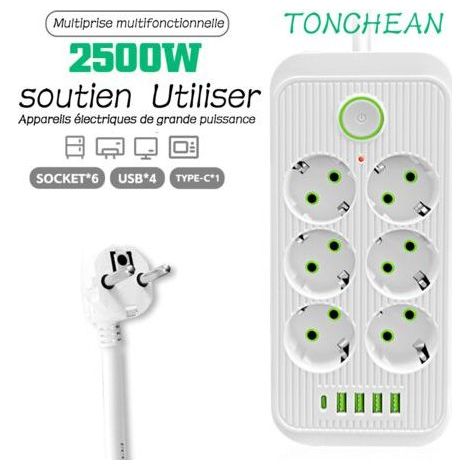 Multiprise Electrique,Bloc 6 Prises 2500W 10A 230V avec 4 Ports Chargeur (4 USB A+1 USB C) Prise Multi Parasurtenseur Parafoudre et Surtension avec Interrupteur Cable 2m-Blanc (1/4)
