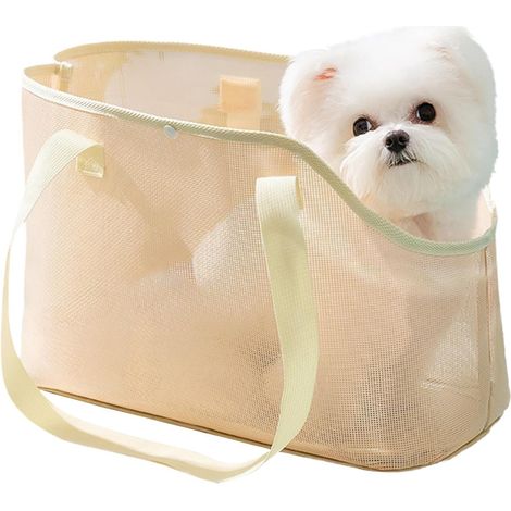 Borsa trasportino pieghevole in rete gialla, taglia L, modello estivo arioso per cani e gatti di piccola taglia, ideale per passeggiate e viaggi (38 x 21 x 27 cm). (1/5)