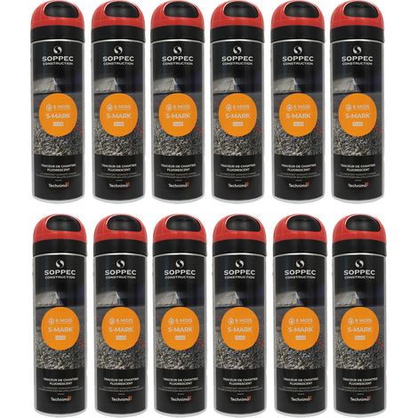 Lot de 12 Bombes à tracer chantiers TP Fluo S MARK - Rouge 500ml