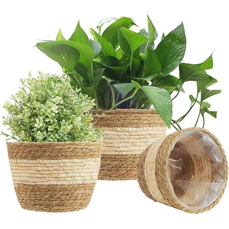 3 x Seagrass Planter Basket, 3 Sizes Woven Plant Pot Cover, Plant Pot Cover, Storage Basket Plant Containers for Indoor Decoration (Beige) (1/5)