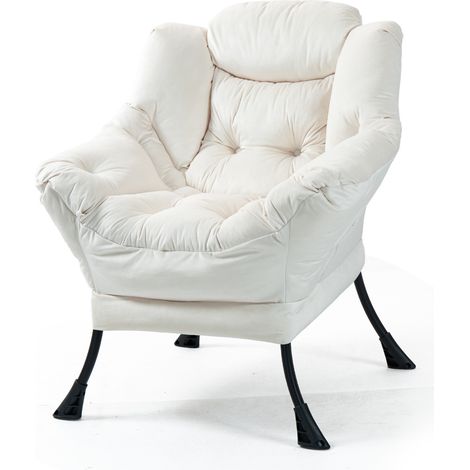 Fauteuil relaxant en métal et mousse haute densité, avec poche latérale, soutien de la nuque, blanc cassé, pour salon, balcon ou terrasse - CHICFURN (1/5)
