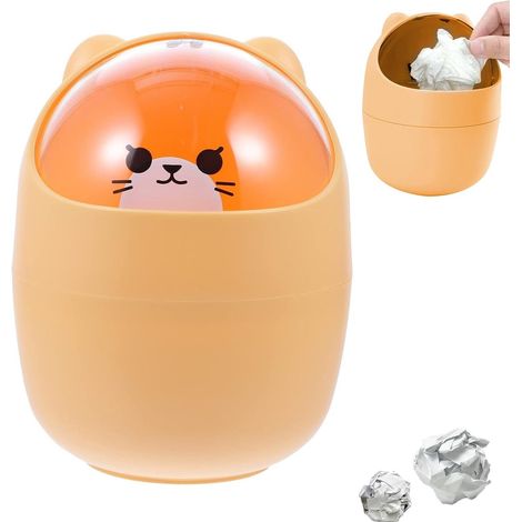 Mini poubelle avec couvercle 16,5 x 12 cm - Poubelle de bureau portable à motif ours mignon, idéale pour le bureau, la chambre d'étudiant et la maison, couleur orange (1/5)