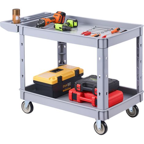 Chariot d'Atelier Charge Max. 250 kg Chariot de Service à 2 Niveaux, en PP, 2 Roues Fixes et 2 Roulettes Pivotantes avec Frein, avec Plateaux de Rangement pour Garage, Atelier et Entrepôt, Gris (1/5)