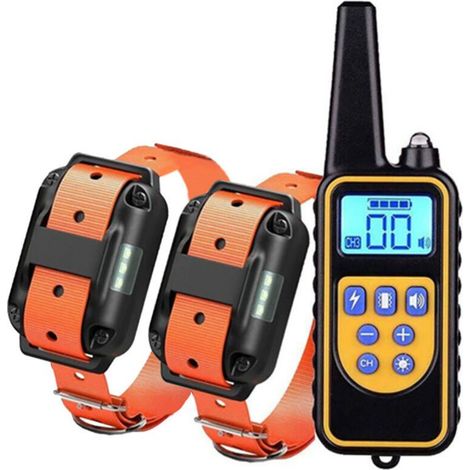 Dog training collar with two orange straps, featuring three training modes (vibration, beep, electric shock). (1/5)