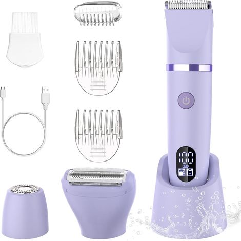 Feminin Electric Razor Precise Trimmer for Face and Sensitive Areas, Body Hair Trimmer for Face, Legs, Armpits and Pubic Area, Waterproof, Wireless, LCD Display, Purple, 3 in 1