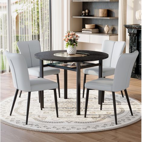 REDOM Set tavolo da pranzo 5 pezzi, tavolo rotondo 100x100x76 cm, con piano in vetro-MDF, 4 sedie imbottita in pelle PU, grigio chiaro (1/5)