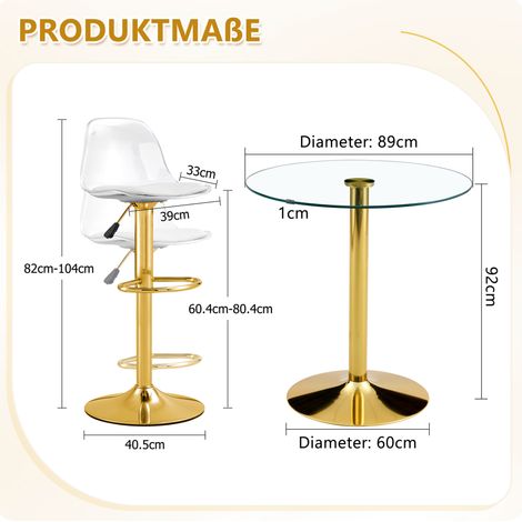 Conjunto de bar con mesa de vidrio transparente de 89 cm y 2 taburetes regulables, estructura dorada (1/5)