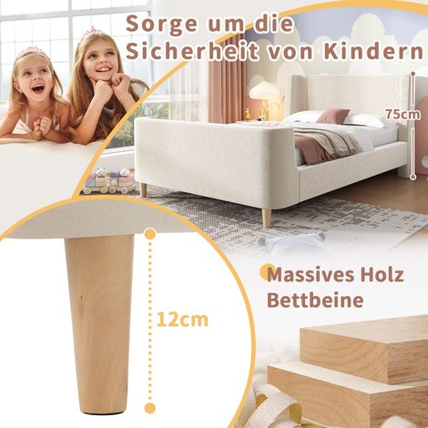 Lit enfant capitonné, lit simple, lit traîneau à motif cosmique, 90 x 200 cm, pour garçons et filles, beige, velours (sans matelas) (1/5)
