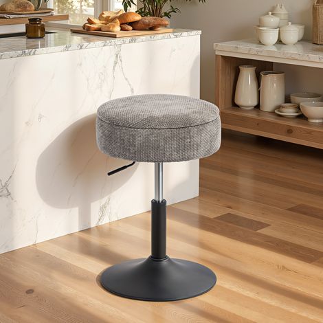 Tabouret de Bar avec Rangement Hauteur Réglable Tabouret de Cuisine Rond Rotatif Tissu Chenille Gris