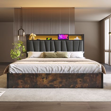 Cama 180x200 cm gris de lino con cabecero LED, USB y somier de láminas (1/5)