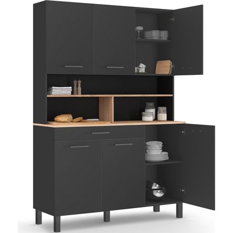 Idmarket – Buffet de cuisine 120 cm – 6 portes et tiroir noir – Plateaux en mélaminé façon hêtre – Rangement XXL pour cuisine moderne