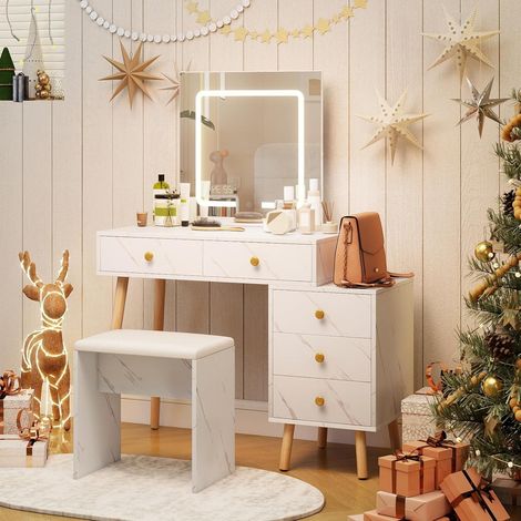 COSTWAY Toeletta con Specchio e Luci, Set Tavolo Trucco con Luminosità Regolabile, 5 Cassetti, Sgabello Morbido Imbottito, Toeletta Moderna con Finitura in Finta Marmo e Gambe in Legno (1/5)