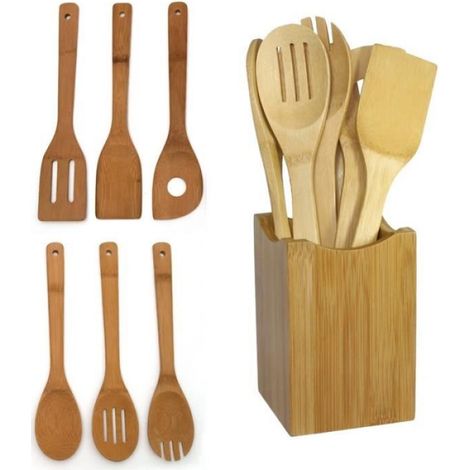 Ustensile de cuisine - Bambou - Set de 6 pièces - Cuillères et spatules - Écologique - Durable (1/4)
