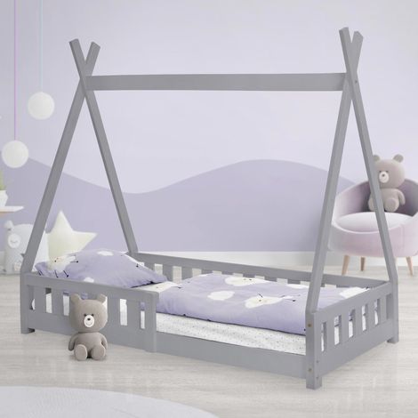 ML-Design Lit d'Enfants Tipi Gris Clair avec Protection Contre les Chutes en Bois de Pin Massif 80x160 cm Sommier á Lattes et Grille de Sécurité en Style Maison Lit Indien Tente de Jeu Pour Enfants (1/5)