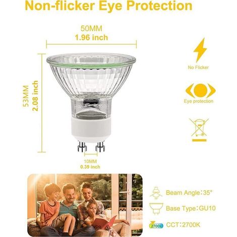 Ampoules GU10 50W,GU10 Ampoules Halogènes,Ampoule Spot AC 230V 50W, GU10 Halogen Ampoules Halogène 2 Broches 35° Angle de Rayonnement 2700K Dimmable Blanc Chaud, Pack de 6, (1/4)