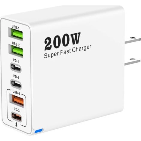 Chargeur rapide portable USB-C 200 W avec puce intelligente pour une charge rapide et sûre de plusieurs appareils.