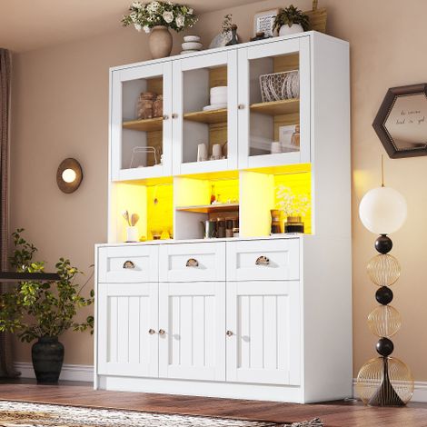 LUHOMFU - Buffet Haut de Cuisine avec Éclairage LED, Portes Vitrées, 3 Tiroirs, 6 Compartiments, Étagères Réglables et Niche Ouverte, Blanc, 140 x 40 x 175 cm (1/5)