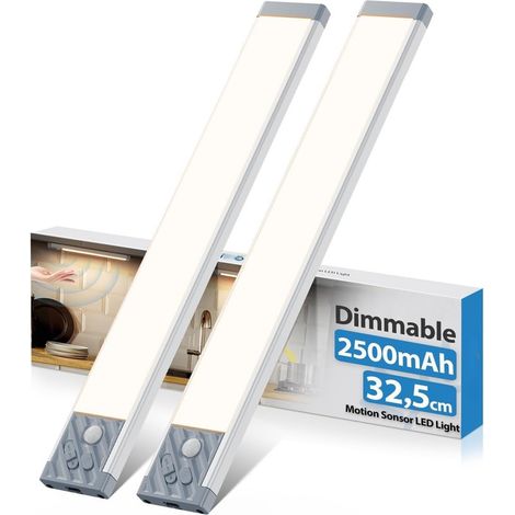 Pack de 2 350Lumens & Lumière de placard dimmable, lampe détecteur de mouvement intérieure de 2500 mAh,alliage d'aluminium, lumière USB-C sous le placard de cuisine, sans fil rechargeable pour l’escal