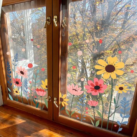 JSSEVN-4 PCS Autocollants pour Fenêtres,en forme de fleurs colorées, décalcomanies murales amovibles, pétales et feuilles, décoration murale (1/5)