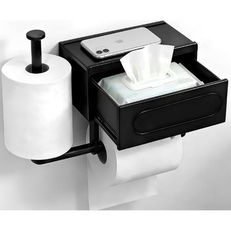 Porta rotolo di carta igienica 2 in 1 - Non richiede foratura - Nero - Con dispenser di salviette umidificate - Con adesivo - Per bagno, toilette, cucina