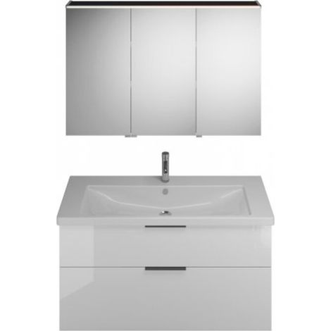 Burgbad Eqio Badmöbel-Set, mit Keramikwaschtisch + Unterschrank und Spiegelschrank 123 cm, mit Griff Weiß Hochglanz/Alpinweiss Schwarz matt links, links, rechts (1/2)