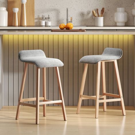 Tabourets de Bar Style scandinave - Lot de 2 tabourets de Bar avec Repose-Pieds - Bois de Sapin Tissu Polyester Aspect Lin GrisTabouret de bar (1/4)
