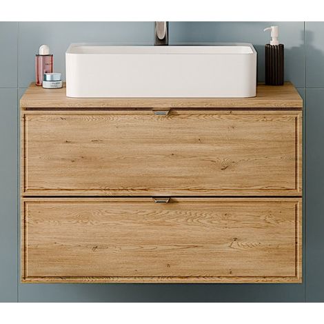 Ensemble Meuble Vasque 80 cm + Plateau + Vasque posée - L 80 x P 46 x 52,5 cm - Caldera Clair - Livraison gratuite
