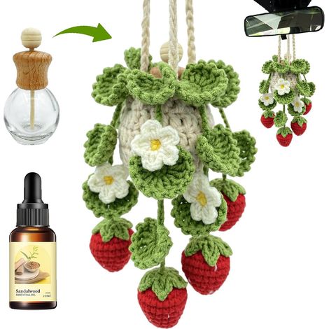 Hand Crocheted Strawberry Scented Car Hanging Glass Bottle Refillable with 10ml Sandalwood Oil Hanging Mirror Hanging for Car and Home (1/5)