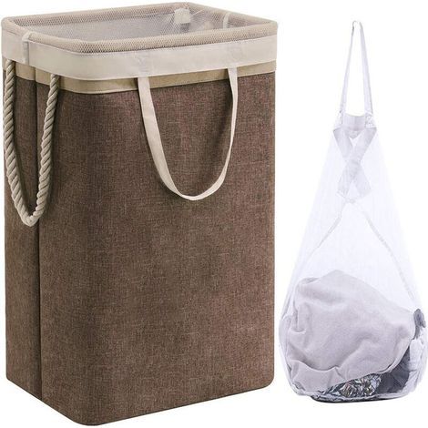 Grand Panier à Linge 60 x 41 x 31 cm , Sac à Linge Pliable avec Poignées en Corde Poubelle de Rangement Adaptée à la Chambre à Coucher la Buanderie Salle de Bain Beige+Café (1/4)