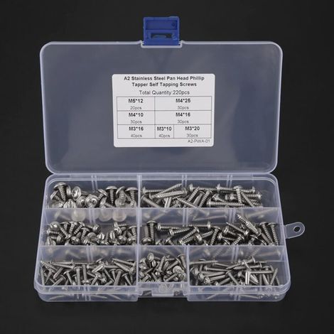Kit de 220 vis autotaraudeuses en acier inoxydable AISI 304, tête cylindrique, filetages M3, M4 et M5 – pour bricolage, menuiserie et assemblage métallique