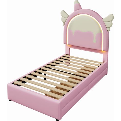 Cama infantil unicornio 90 x 200 cm con LED y 2 cajones, PU rosa, sin colchón (1/5)