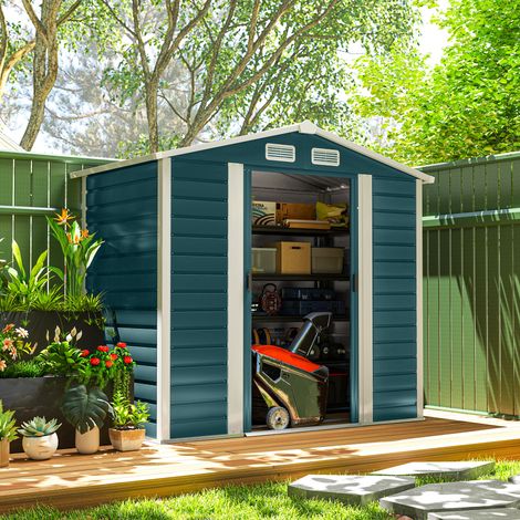 Cobertizo Metálico para Jardín 213x120x166/194 cm con Base Refuerzo Puertas Correderas y Ventilaciones Verde Oscuro (1/5)