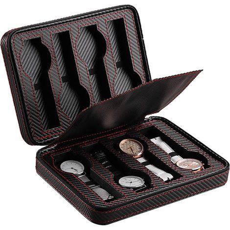 Boite De Rangement Pour Montres - 8 Emplacements - Finition Fibre De Carbone - Fermeture Zippée - Noir (1/5)