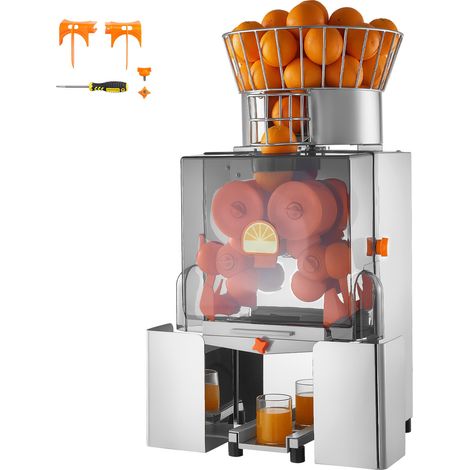 Mophorn Máquina exprimidora automática de naranjas comercial de 120 W eléctrica, acero inoxidable y PC, equipada con 2 recipientes, capacidad para procesar hasta 20 naranjas por minuto (1/5)